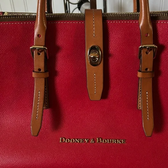 Dooney & Bourke Miller Leather Satchel—Red with tan handles - Picture 3 of 15